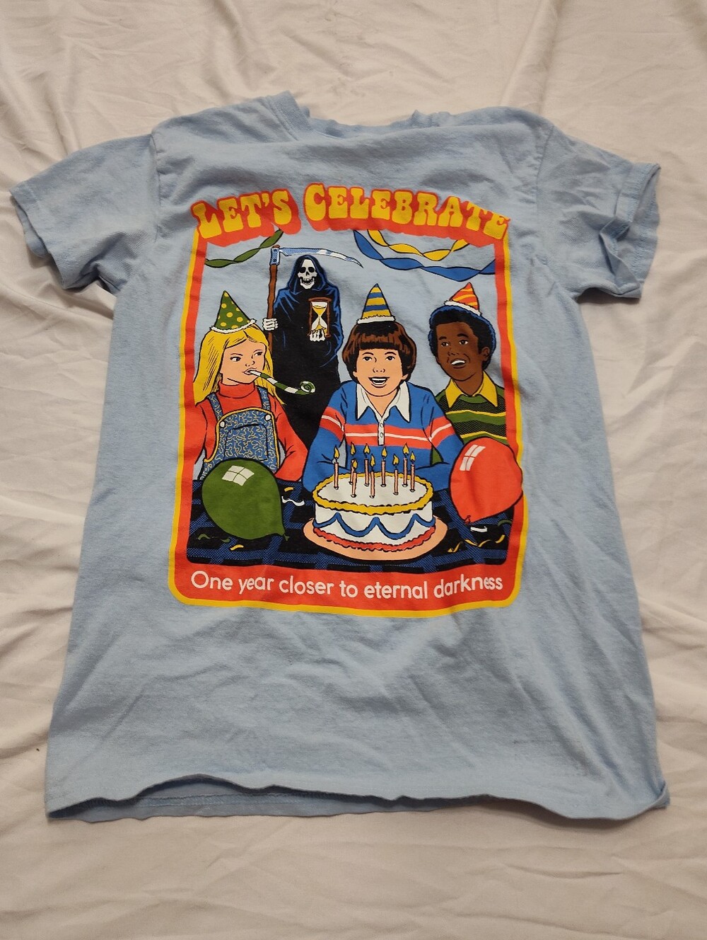Steven Rhodes T-Shirt Mens Size S Blue Let's Celebrate Graphic Funny Cotton Tee
